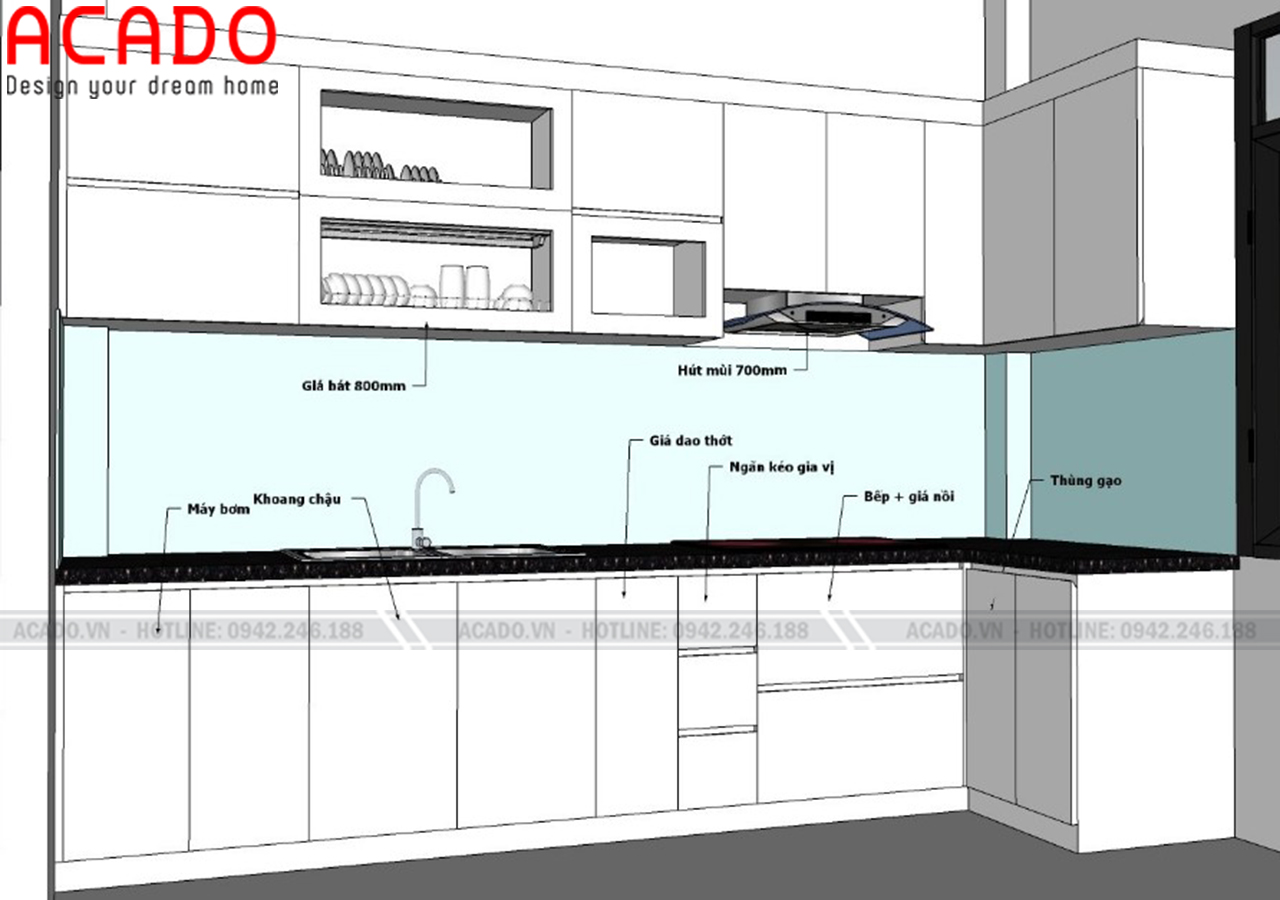 Thiết kế chi tiết tủ bếp cho không gian bếp gia đình cô Thủy - Thi công tủ bếp tại Phố Xốm
