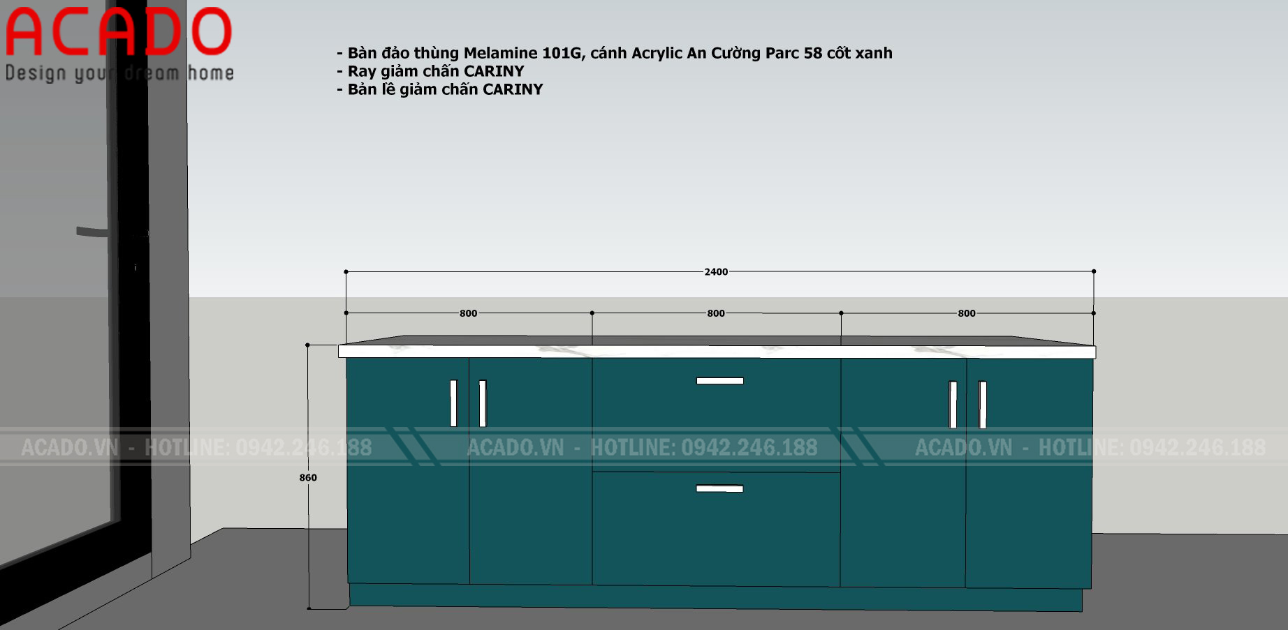 Bản vẽ kích thước chi tiết bàn đảo - Thi công tủ bếp tại tòa nhà TSQ Euroland
