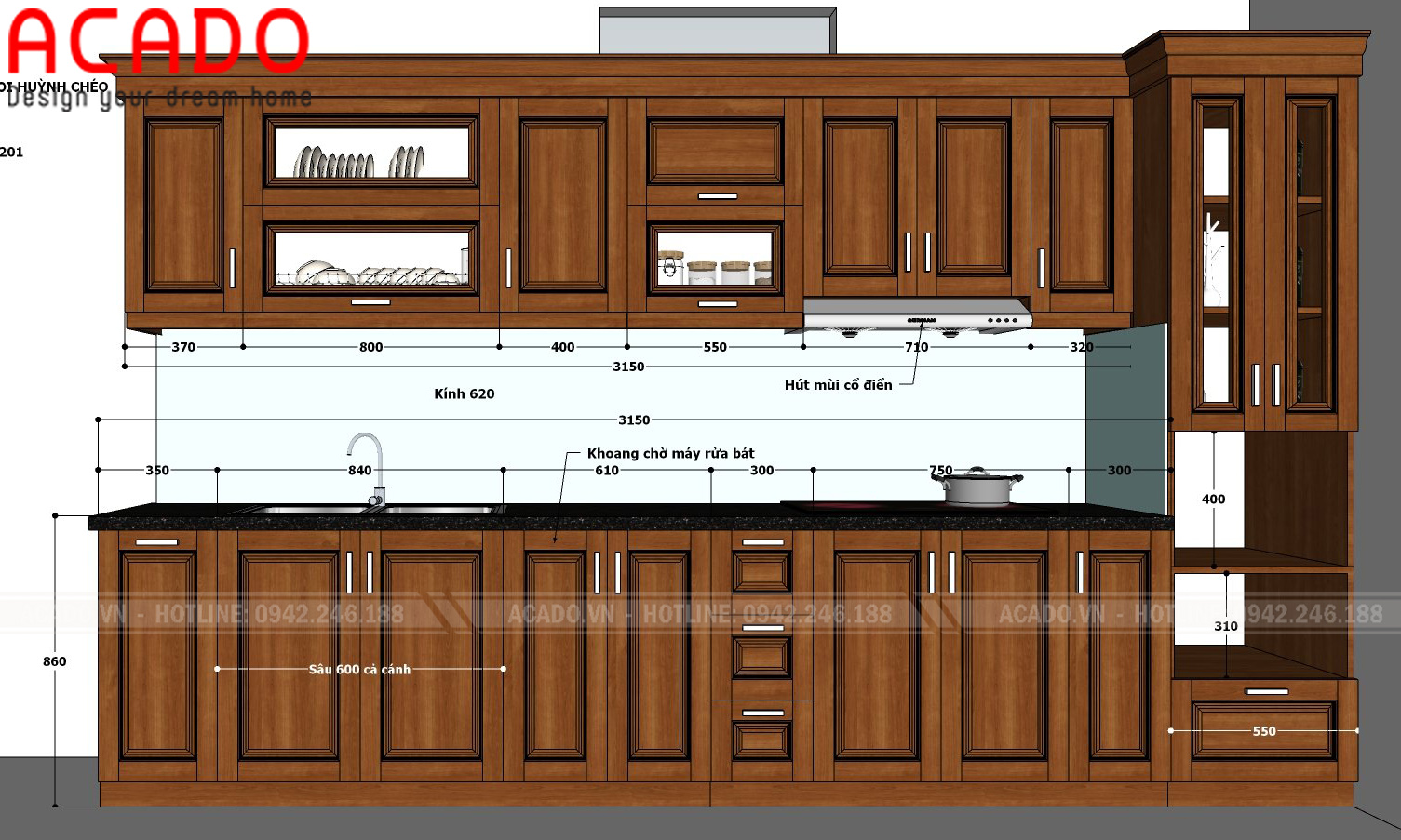 Bản thiết kế chi tiết tủ bếp gỗ sồi Nga cho gia đình anh Trung 