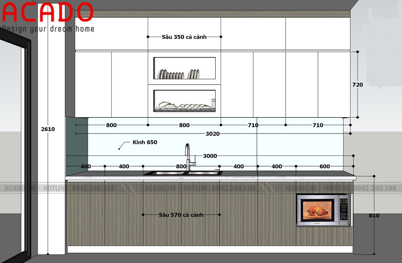 Thiết kế tủ bếp phía bên chậu và lọc nước của gia đình em Dương