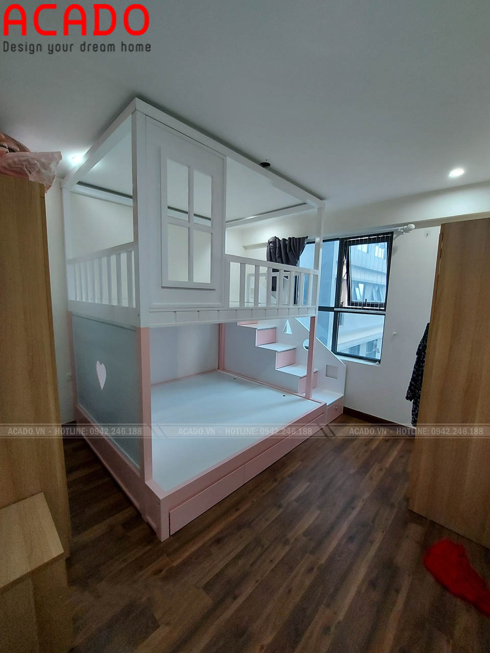 Giường tấng chất liệu Melamine Màu hồng trắng mộng mơ dành cho các bé gái