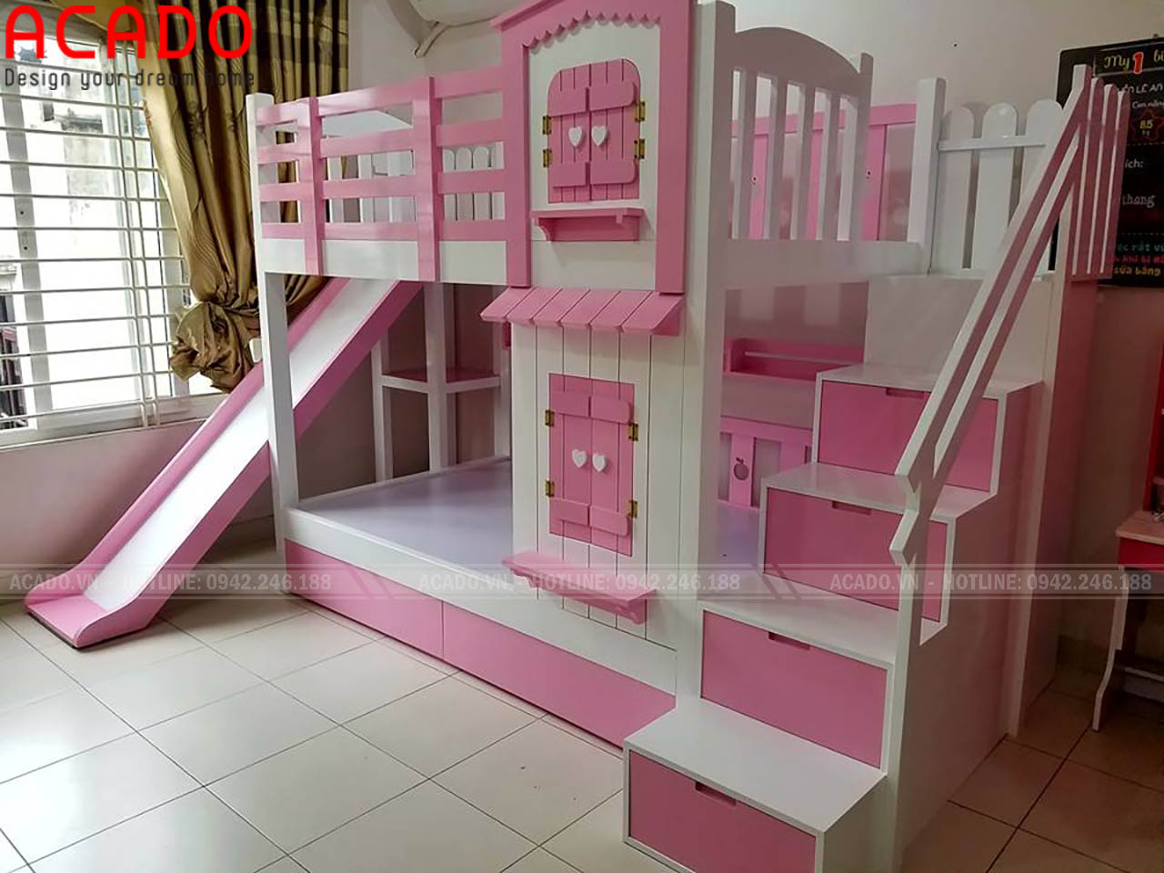 Một siêu phẩm giường tầng màu hồng trắng kết hợp cầu trượt