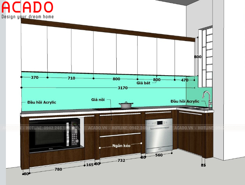 Thiết kế chi tiết 3D tủ bếp - Làm tủ bếp tại Thanh Trì - Hà Nội