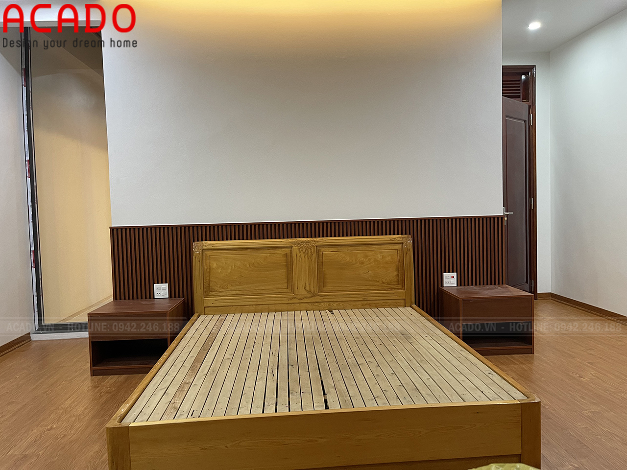 Giường ngủgỗ sồi Nga phun màu vàng nhạt trẻ trung - Thi công nội thất tại Bắc Giang