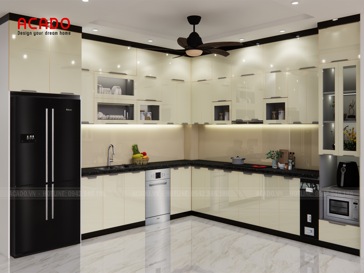 Tủ bếp chữ L màu be kem