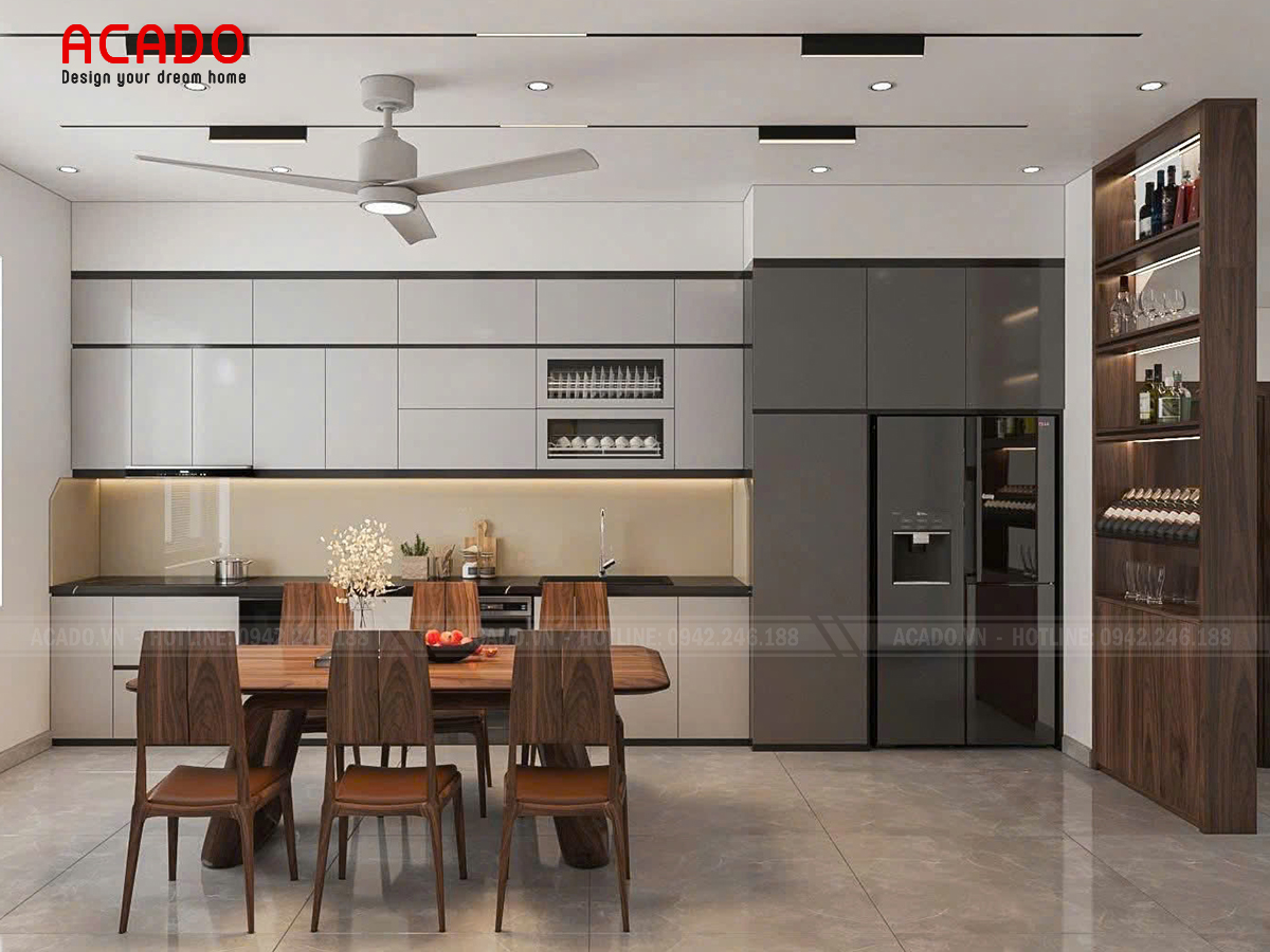 Tủ bếp màu be hình chữ i