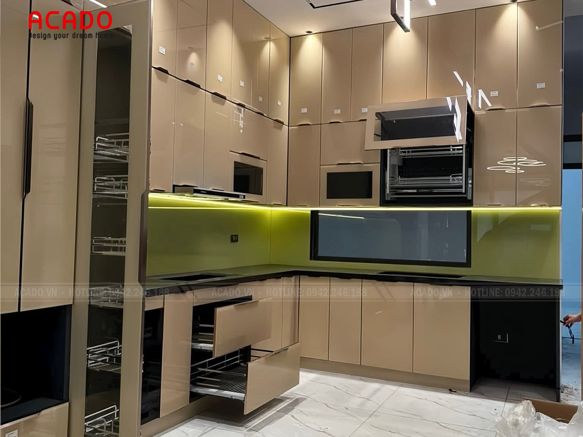 Tủ bếp màu be đậm