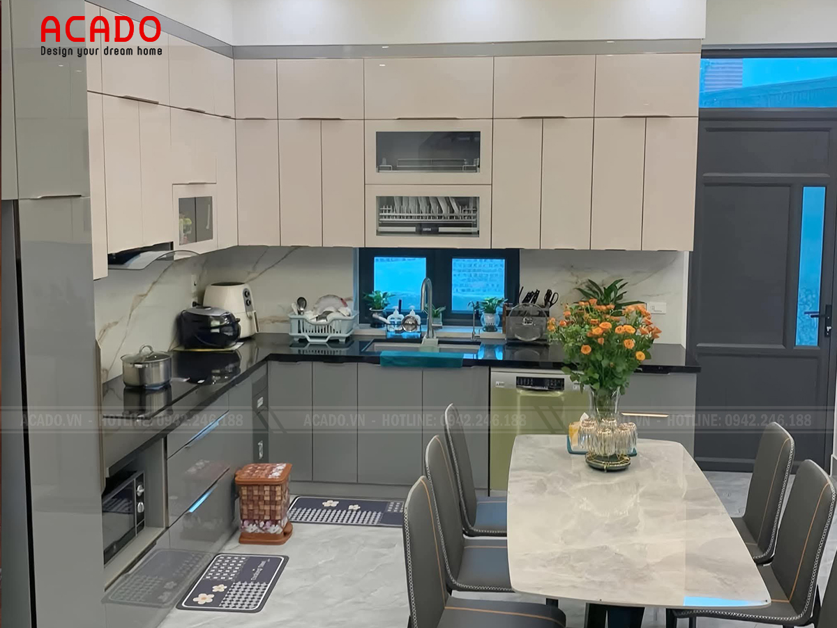 Tủ bếp màu be xám