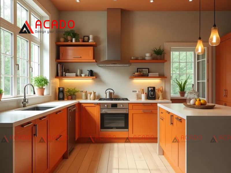 Tủ bếp màu cam hình chữ u