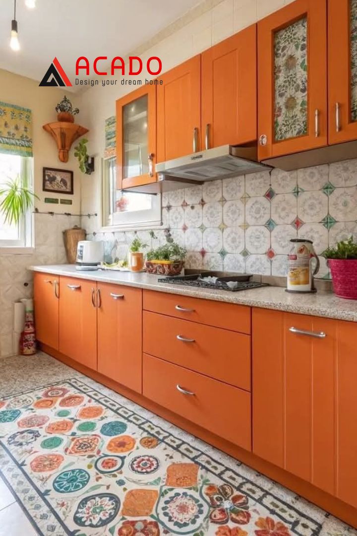 Tủ bếp màu cam hình chữ i