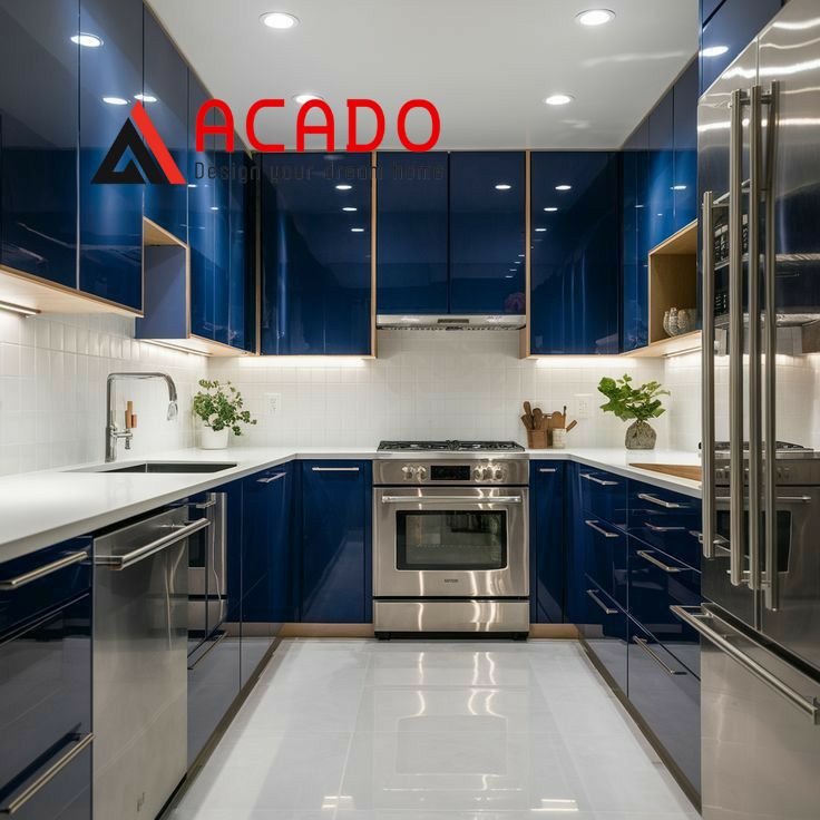 Tủ bếp màu xanh coban chữ U