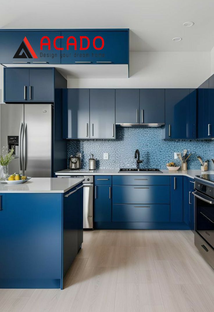 Tủ bếp màu xanh coban có đảo