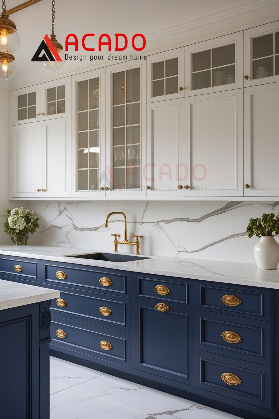 Tủ bếp màu xanh coban kết hợp màu trắng