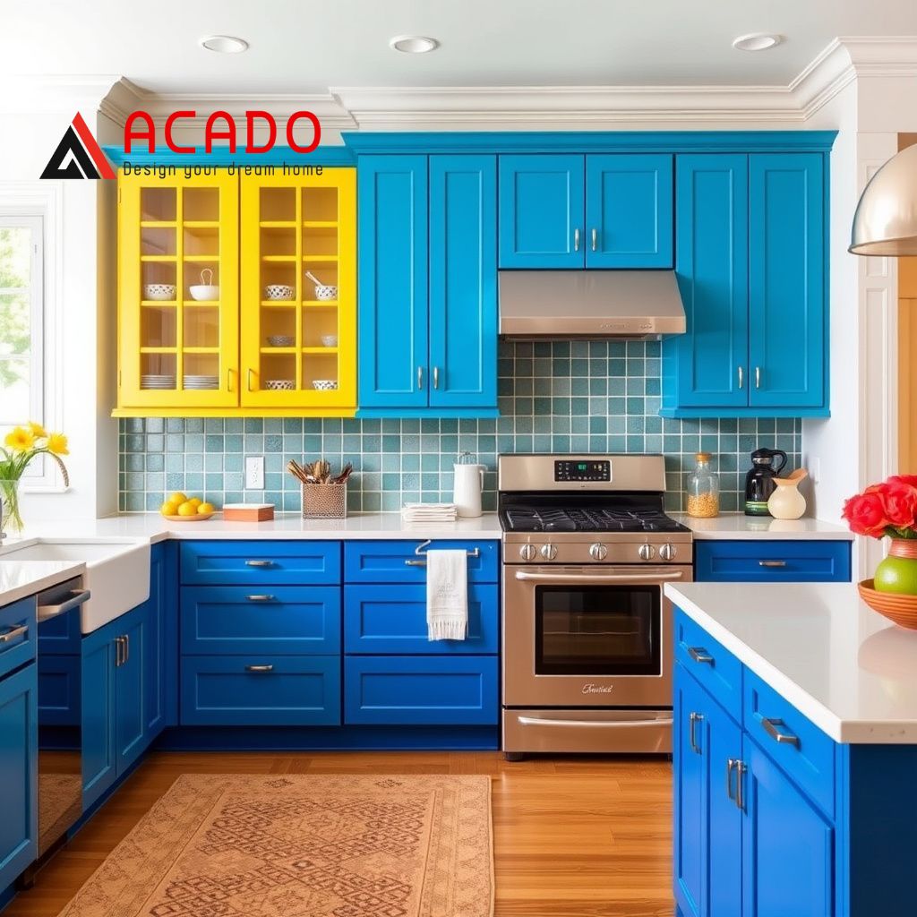 Tủ bếp màu xanh coban phối màu