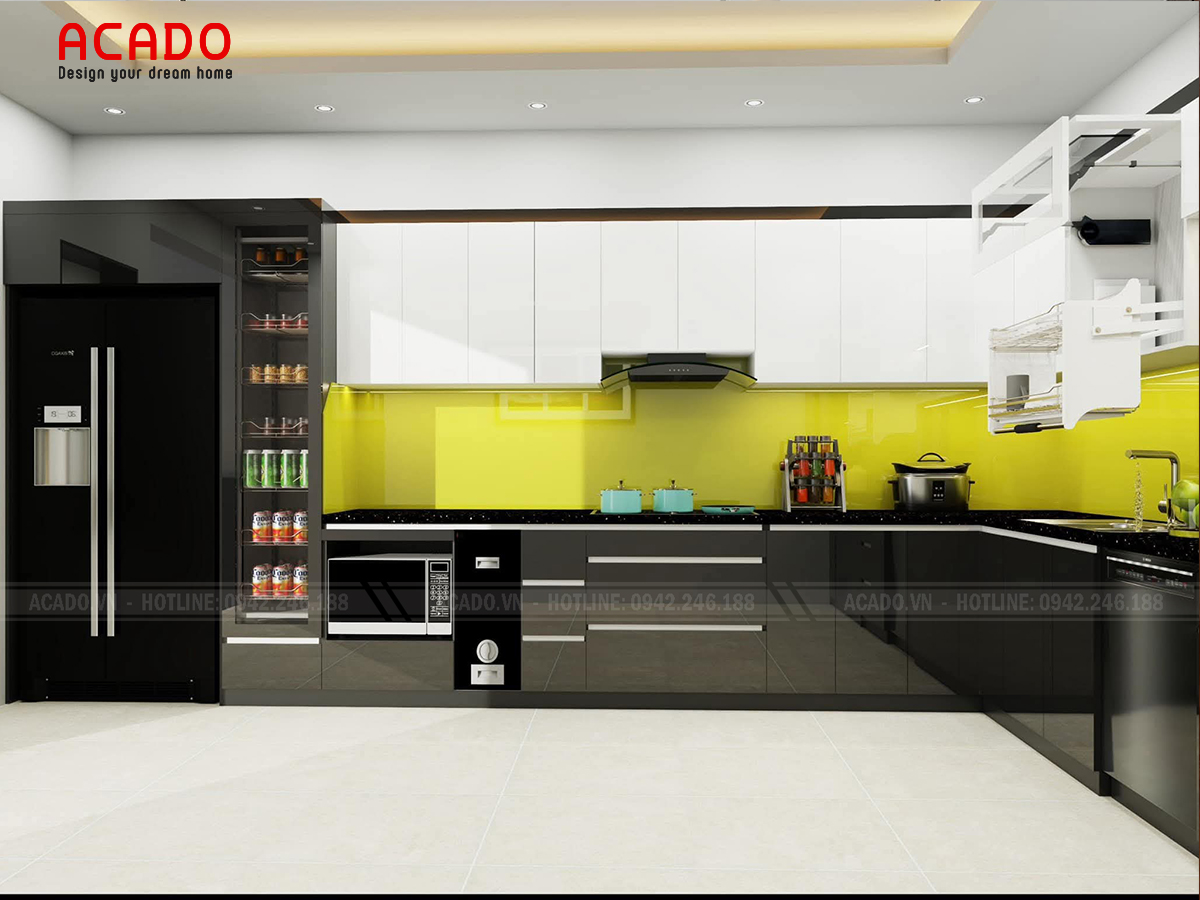 tủ bếp nhựa đặc phủ acrylic màu trắng ghi