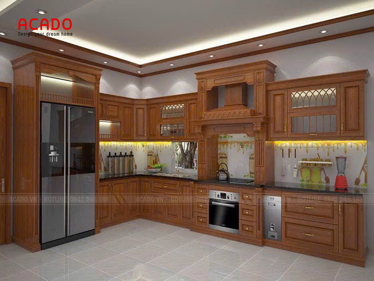Tủ bếp tân cổ điển chữ L bằng gỗ sồi tự nhiên