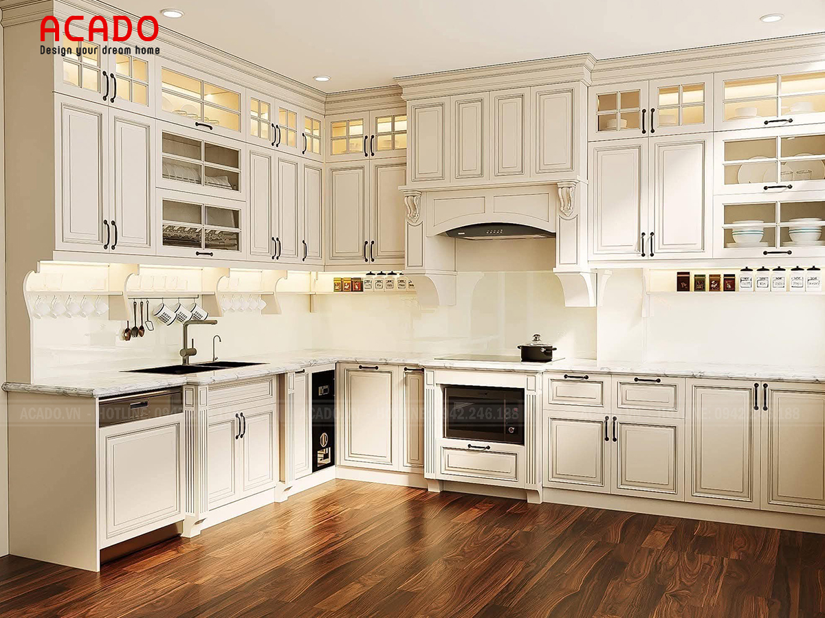 Tủ bếp tân cổ điển chữ L màu trắng kem