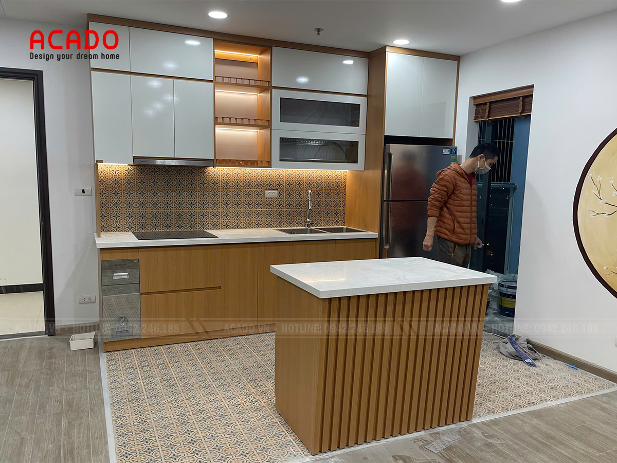 Tủ bếp thẳng 3m kết hợp bàn đảo bếp