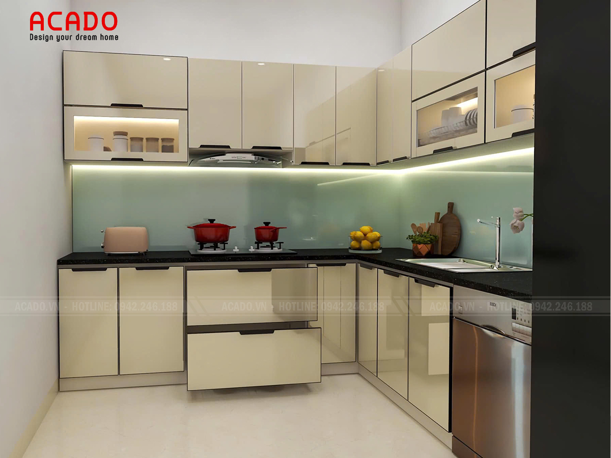 Gia công tủ bếp inox cánh kính