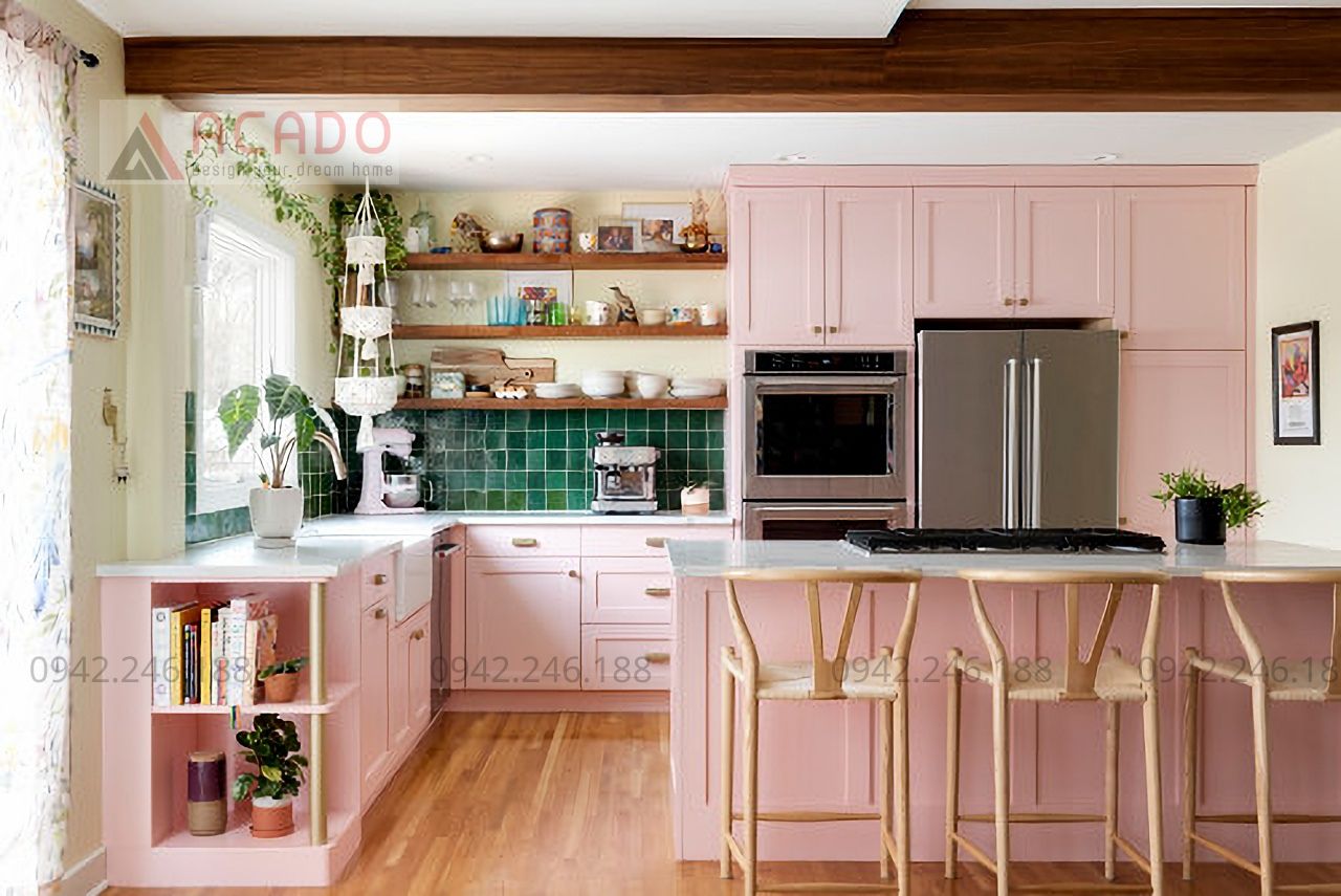 Tủ bếp màu hồng phong cách bắc âu