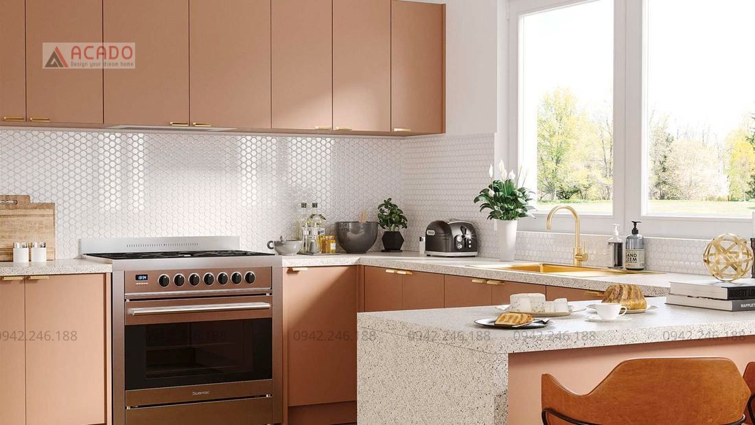 Tủ bếp màu hồng