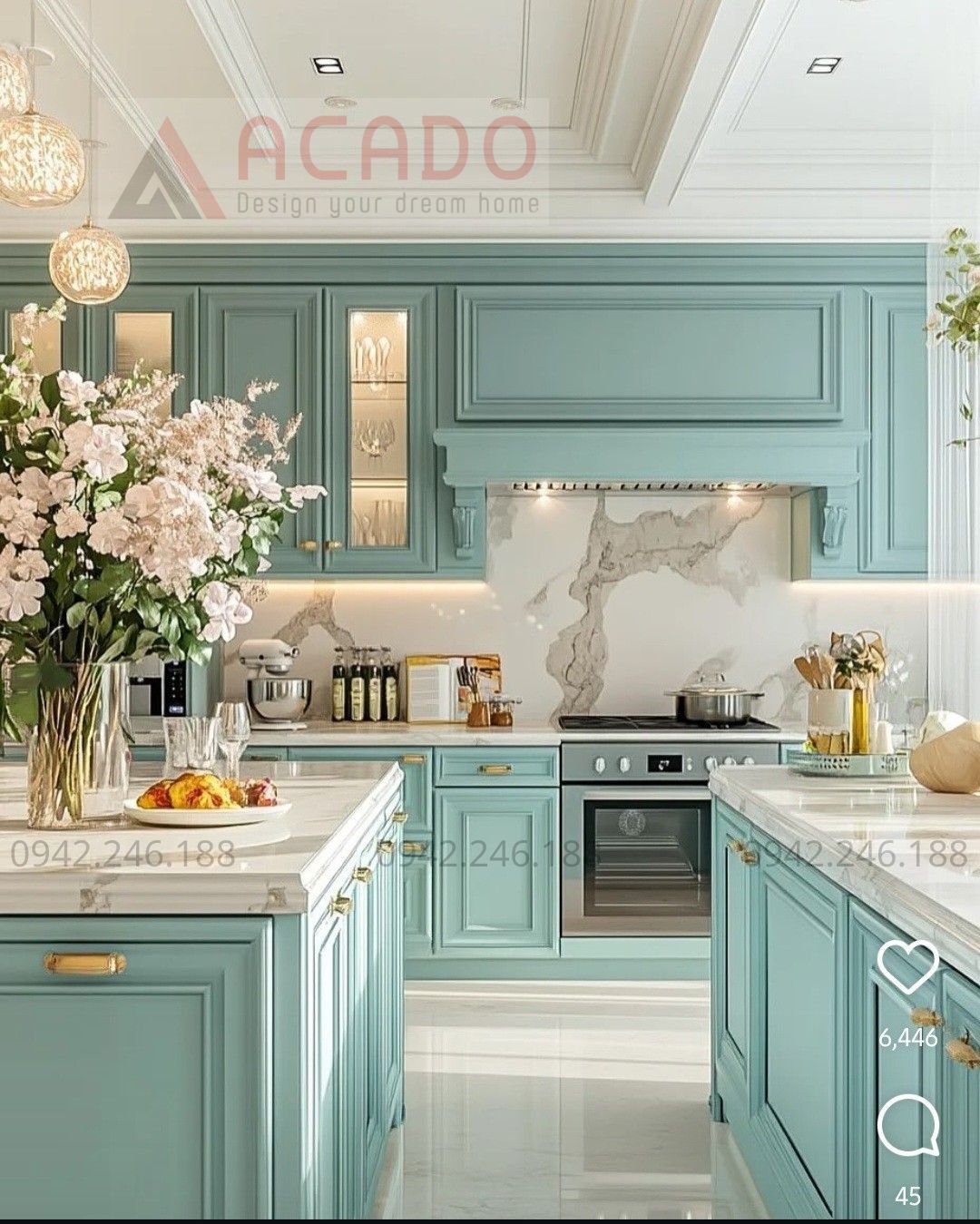 Tủ bếp màu xanh pastel