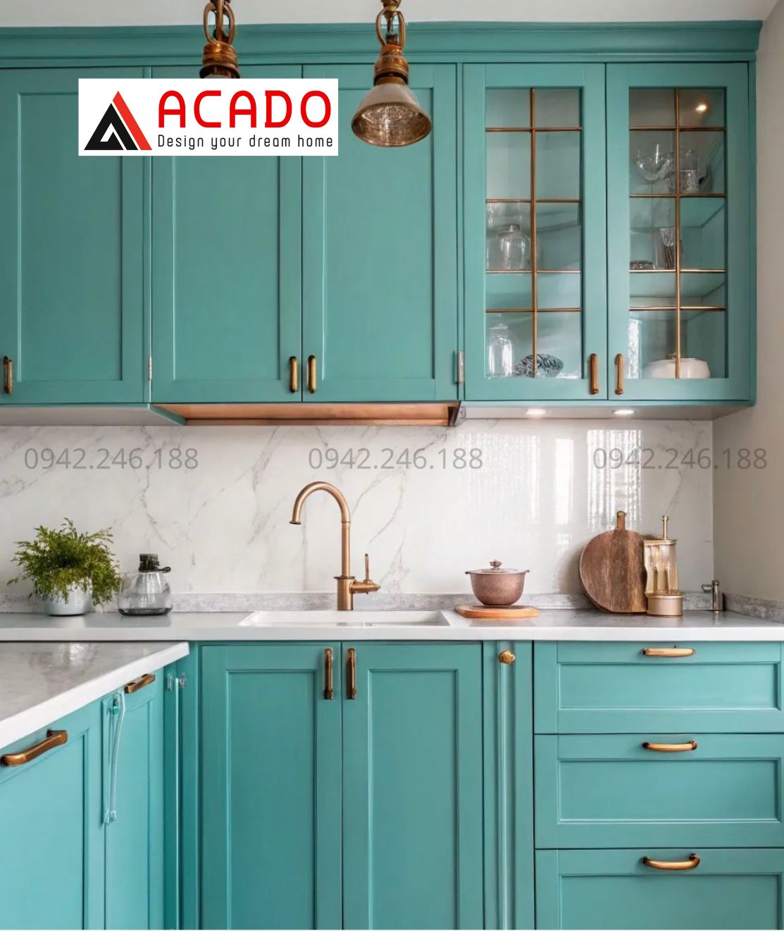 Tủ bếp màu xanh pastel