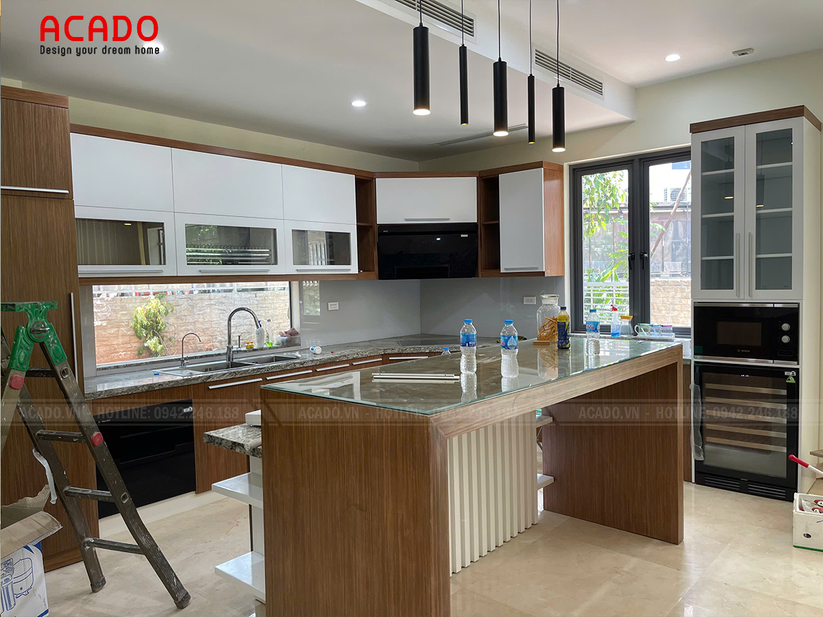 Tủ bếp gỗ MDF an cường phủ acrylic