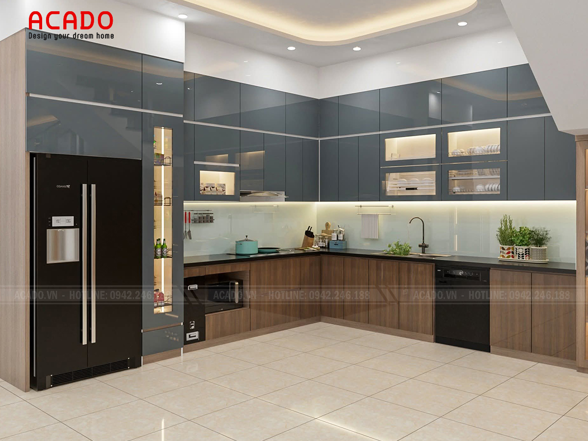 Tủ bếp màu xám xanh