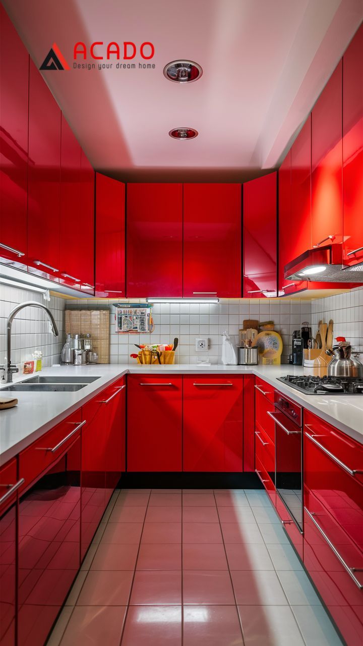 Tủ bếp màu đỏ mặt đá trắng