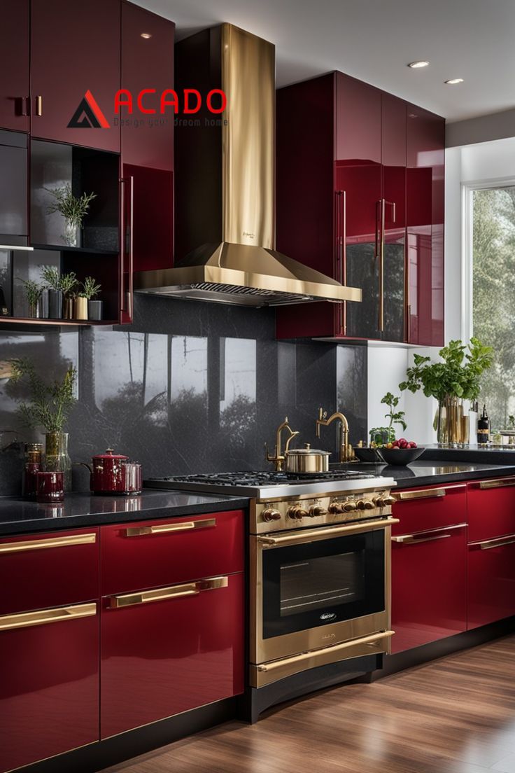 Tủ bếp màu đỏ vàng