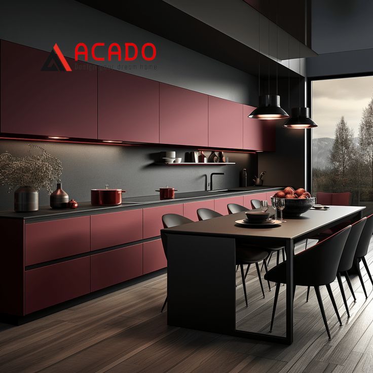 Tủ bếp màu đỏ xám