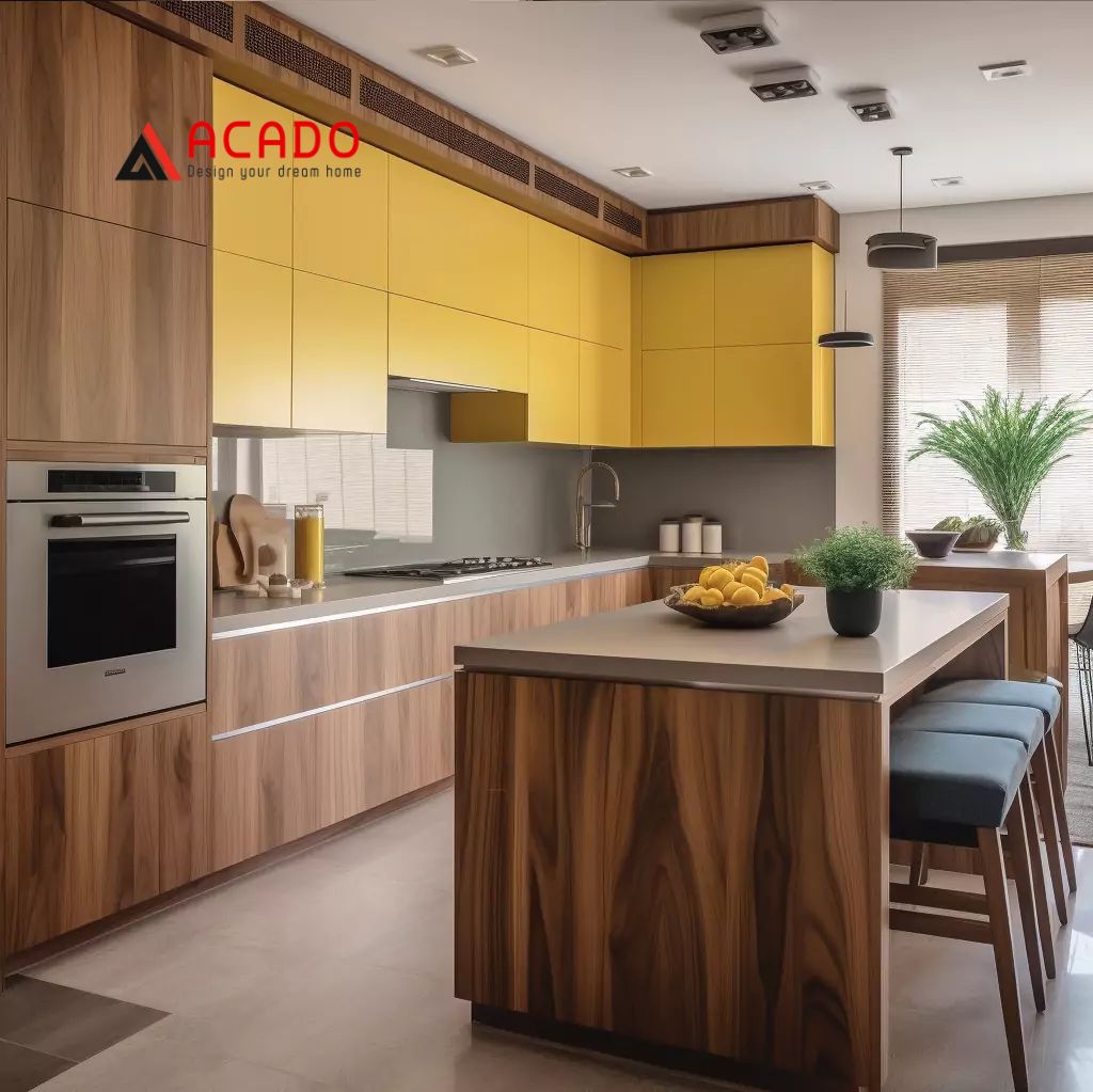 Tủ bếp màu vàng gỗ
