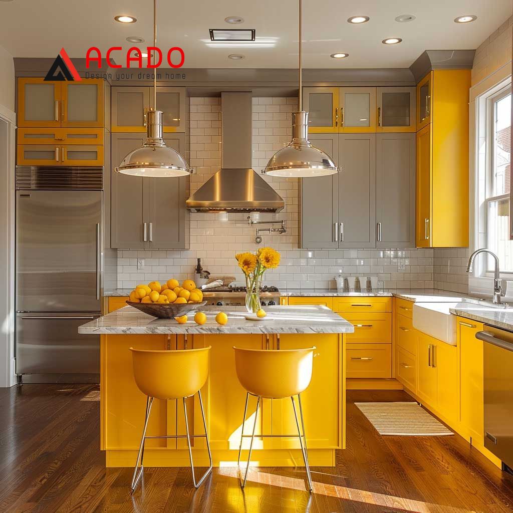 Tủ bếp màu vàng kem