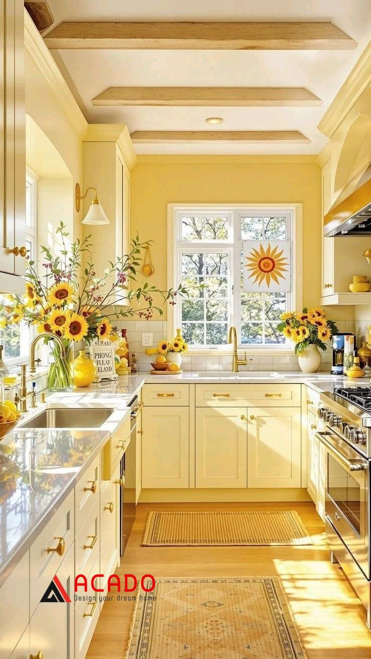 Tủ bếp màu vàng kem