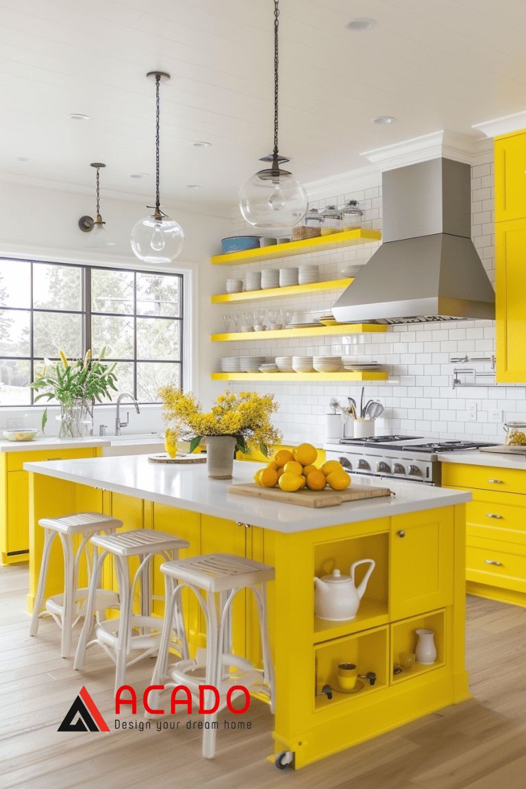 Tủ bếp màu vàng pastel