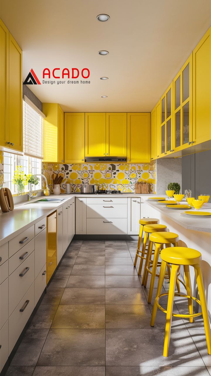 Tủ bếp màu vàng trắng