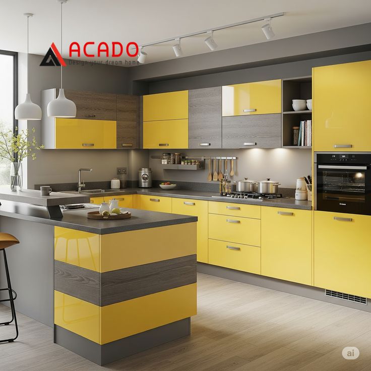 Tủ bếp màu vàng xám