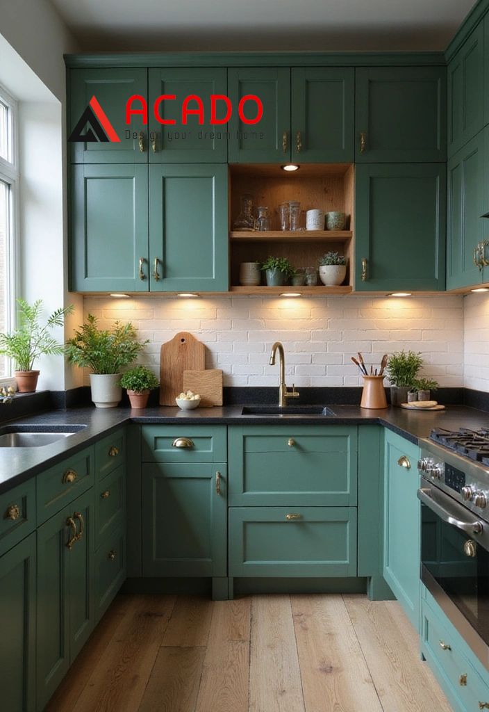 Tủ bếp màu xanh lá cây