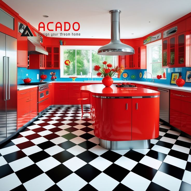 Tủ bếp màu đỏ kính xanh ngọc